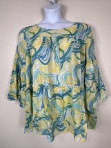 NWT Cocomo Womens Plus Size 2X Blue/Yellow Swirl Peasant Top 3/4 Bell Sleeve - £19.56 GBP