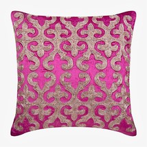Pink Pillow Cover, Arabic Velvet Gold 16&quot;x16&quot; Velvet, Flaming Fuchsia - £36.22 GBP+