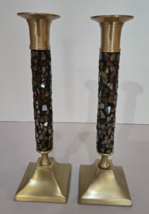 Set of 2 Mosaic Glass Amber Candlestick Holders Gold Square Bottom Vinta... - €25,68 EUR