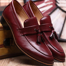 Customize Burgundy Apron Toe Tassel Loafer Handmade Real Leather Slip On Shoes - £117.49 GBP