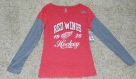Womens Shirt Detroit Red Wings Hockey Red Gray NHL Logo V-Neck Long Sleeve-sz L - £16.72 GBP