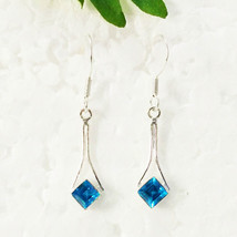 Blue Topaz Lab-Created Gemstone Handmade 925 Sterling Silver Jewelry Earrings... - £32.45 GBP