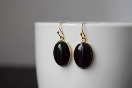 Black agate pendant earrings with gold plated stainless steel earrings hooks ova - £26.29 GBP