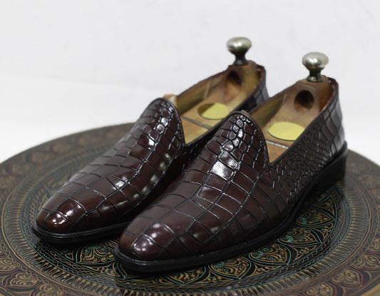 Men's Handmade Leather Shoes Burgundy Crocodile Textured Leather Slip ...