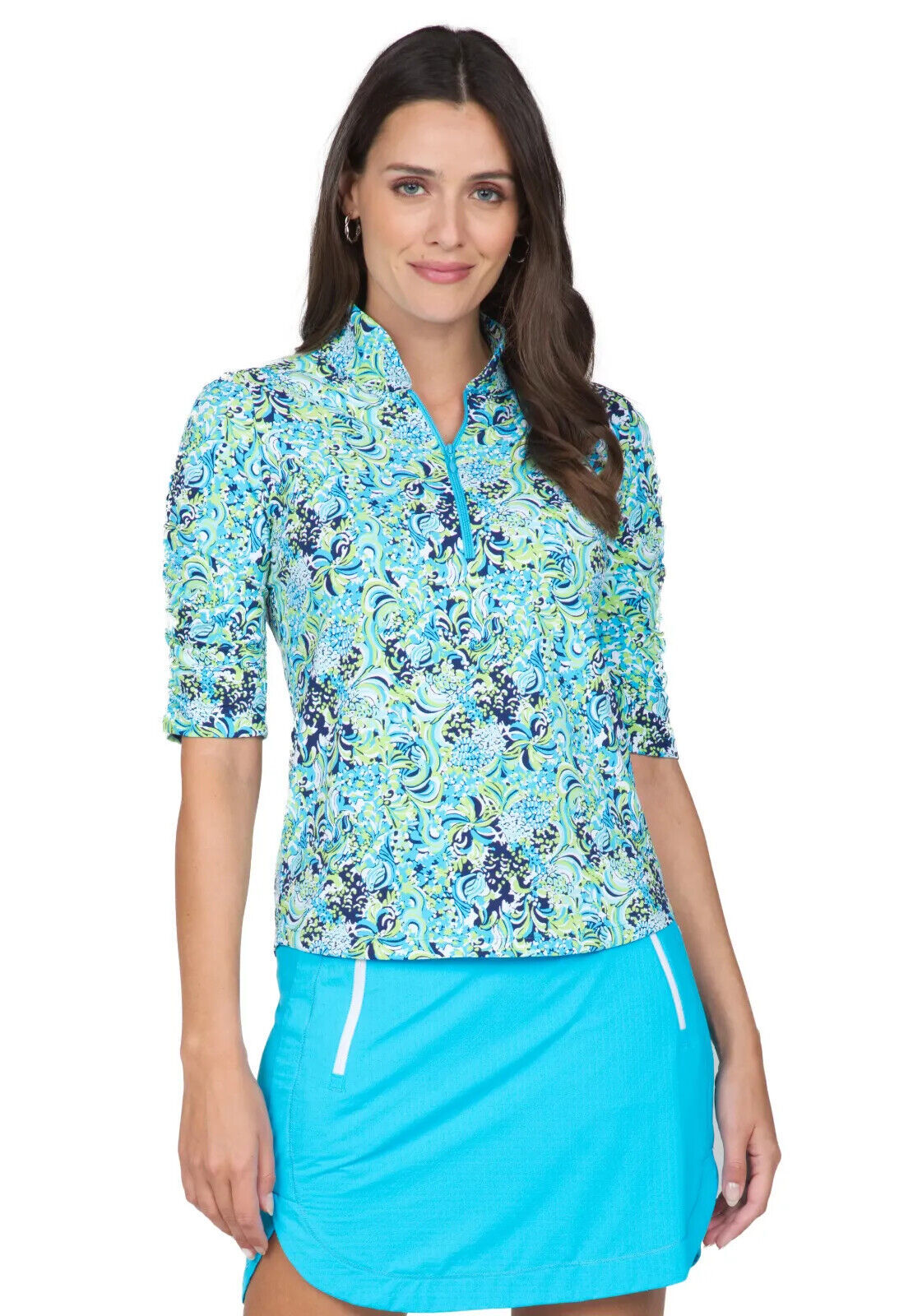 NWT IBKUL MARISSA TURQUOISE NAVY Ruched Elbow Sleeve Mock Golf Top S & M