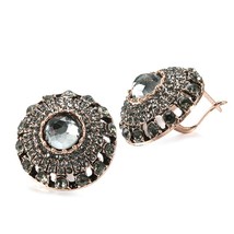 Ethnic Round Crystal Gray Stud Earring For Women Antique Gold Color Turkish Vint - £7.21 GBP