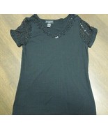 WOMENS Casual SHIRT BLACK V NECK SHORT SLEEVED Size Small Sequin Neck  - £7.76 GBP