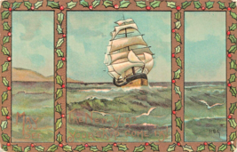 Beautiful Sailing SHIP-ORNAGE Gilt BORDER-1912 Happy New Year Postcard - £8.13 GBP