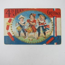 Postcard Independence Day 4th of July Kids Band Firecrackers Patriotic Antique - £11.74 GBP