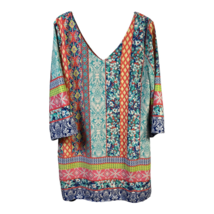 Pink Owl Womens Tunic Dress Multicolor Mixed Print Full Zip Front Mini Boho L - £28.08 GBP