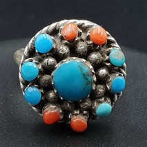 Vintage Natural Turquoise And Coral Sterling Silver Ring - £65.90 GBP