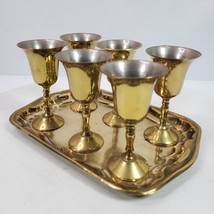 Vintage 6 Shot Brandy Goblets w/ Tray Solid Brass International Bazar India - $35.53