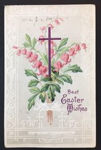 Antique &quot;Best Easter Wishes&quot; Greeting Card Embossed 1917 Pink Flowers Cross - $9.00