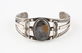 Vintage Navajo Sterling Silver Cuff Bracelet Petrified Wood Size Adjustable - £274.20 GBP