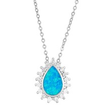 Sterling Silver Blue Inlay Opal Teardrop with CZ Border Pendant - £26.66 GBP