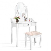 Wooden Vanity Makeup Set with Cushioned Stool and Oval Rotating Mirror - Color:  - £104.38 GBP