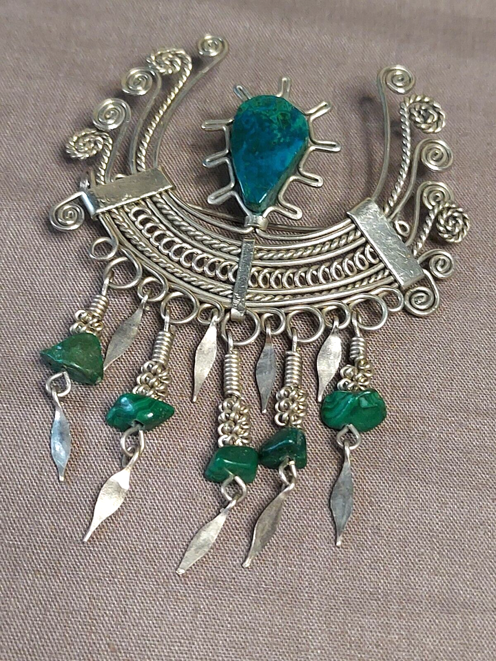 Ethnic Swirl &amp; Cresent Style Silver Wire Brooch With Green Eilat Stones - $41.35