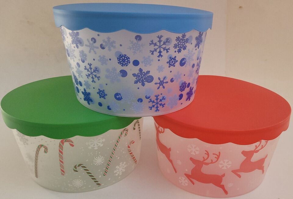Christmas Plastic Cookie Candy Containers w Covers 4.5”Hx8”D, S24, Selec... - $3.49