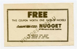 Carson City Nugget Coupon for Free Pack of Nickels Carson City Nevada 1970&#39;s - £14.08 GBP