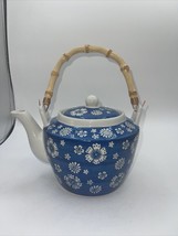 Blue and White Porcelain Floral Teapot with bamboo Handle 6.5” With Stra... - $23.00
