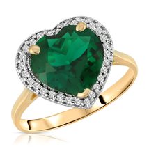 14K Solid Gold Ring With Natural Diamonds &amp; Lab. Grown Heart Emerald - £607.85 GBP