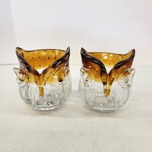 Vtg Art Glass Owl Votive Candle Holders Amber Figure Sculpture Blown Gla... - £28.19 GBP