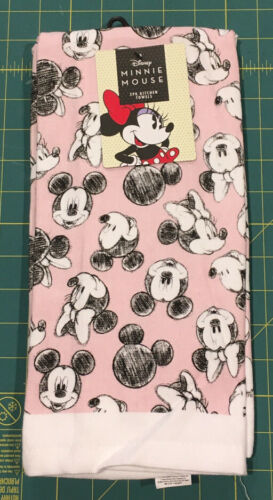 MICKEY/MINNIE MOUSE KITCHEN TOWELS BLACK WHITE WITH PINK BACKGROUND, 100% COTTON - $14.95