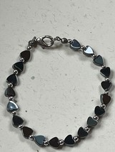 Alternating Tiny Silvertone Round &amp; Faux Hematite Heart Shaped Bead Bracelet – - £9.02 GBP