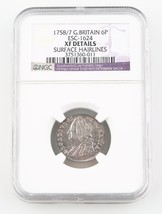 1758/7 Great Britain Sixpence Silver Coin XF Details NGC 6 Pence KM-582.2 - £180.70 GBP