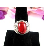 Men&#39;s Deep Red Mock Stone VINTAGE RING Black Veins Oval Gem Silvertone S... - $24.25 CAD