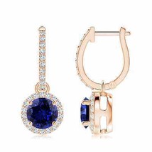 Lab-Grown Blue Sapphire &amp; Diamond Halo Earrings in 14K Gold (7mm, 3.17 Ct) - £2,232.25 GBP