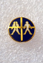 Two People Logo One Cracked in Half Gold Tone and Blue Lapel Hat Pin Badge - £10.07 GBP