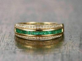 1.5Ct Princess Cut Green Emerald Half Eternity Wedding Band 14K Yellow Gold Over - £59.77 GBP