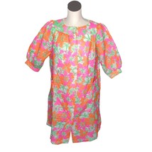 Vintage 1960s 70s Robe Quilted Polyester Womens 18 Housecoat USA Floral Print - £70.79 GBP