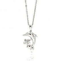 925 Rhodium Plated Brass Dolphin Flower Clear CZ Pendant Necklace 16&quot;-18&quot; - £22.56 GBP