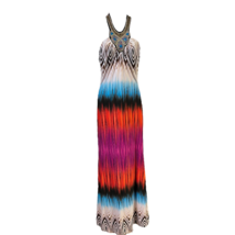 Venus Womens Halter Maxi Dress Multicolor Ombre Micropleats Beaded Accent XS - £25.02 GBP