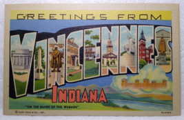Greetings From Vincennes Indiana Large Big Letter Postcard Linen Curt Teich - £2.88 GBP