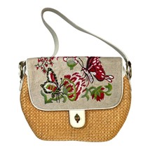 Kate Landry Embroidered Floral Flowers Butterfly Straw Wicker &amp; Linen Handbag - £28.90 GBP