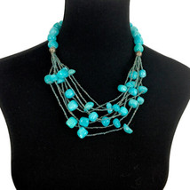 AQUA BLUE stone multistrand necklace - chunky dyed quartz? seed bead silver-tone - £11.58 GBP