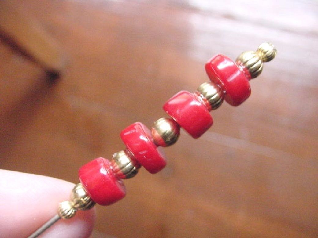 (U-68-j) Red bamboo coral 4 bead + gold tone beaded hatpin Pin hat pins ... - $10.39