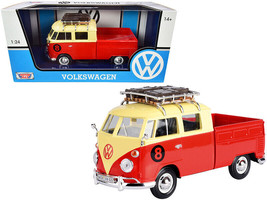 Volkswagen Type 2 T1 #8 Pickup Truck w Roof Rack Luggage Red Yellow 1/24 Diecast - £34.30 GBP