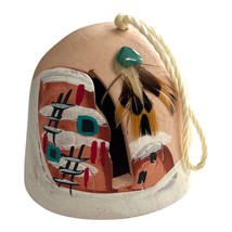 Hand-Painted Pueblo Clay Bell with Turquoise Accent &amp; Feathers Signed AR... - $32.80 CAD