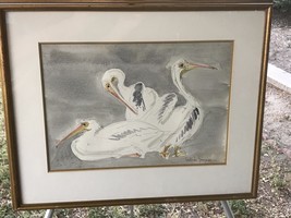Gertrude Freyman Original Modern Abstract Watercolor Art Mat Framed &quot;3 Pelicans&quot; - £263.42 GBP