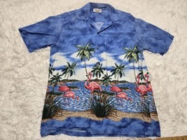 VTG Pacific Legend Shirt L/XL Blue Palms Flamingos Hawaiian Camp Collar ... - $15.75