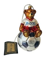 Robert Stanley Soccer Teddy Bear Christmas Ornament Glass Vtg Figurine Poland - £23.32 GBP