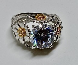 Sterling Silver and 14k Gold Plated Sunflower Round Cut Zircon Ring - £59.95 GBP