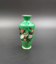 Vintage Peacock Floral Green Enamel over Brass Vase Chinese 4.75&quot; - £13.41 GBP