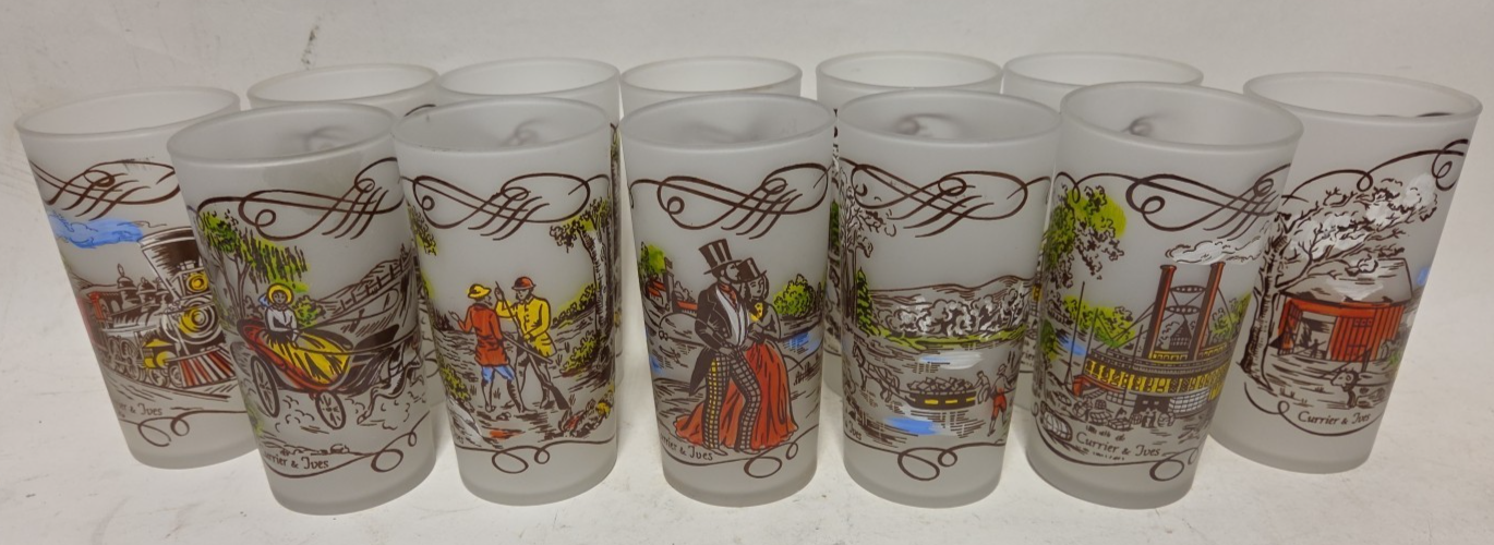 Vintage Currier and Ives Frosted Drinking Glasses Tumblers Set Of 12 - $98.99