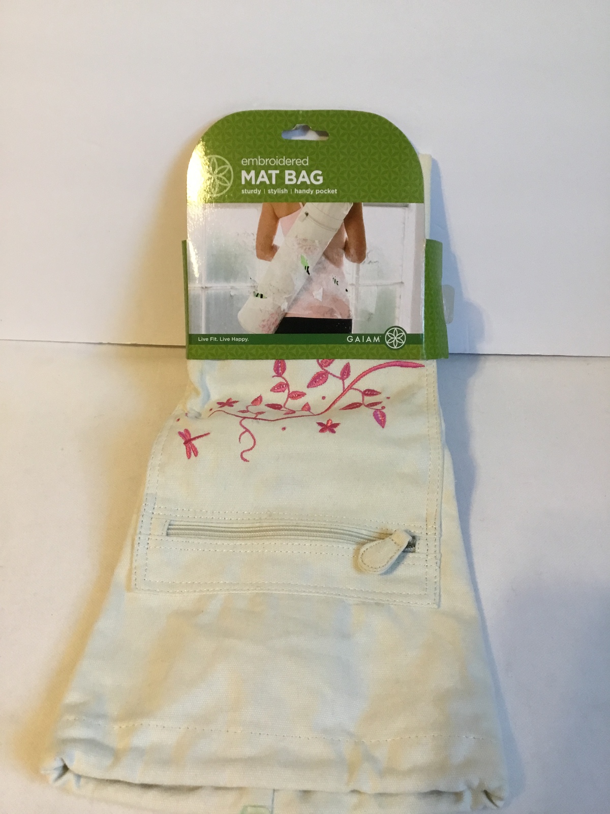 Gaiam Embroidered Yoga Mat Bag with Handy Pocket Cream White with Pink Flowers - $7.90