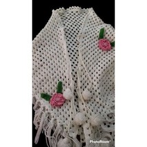 Crochet 3D Pink Floral White Shawl Shrug Fringe Stole Pompoms Vintage - £26.90 GBP